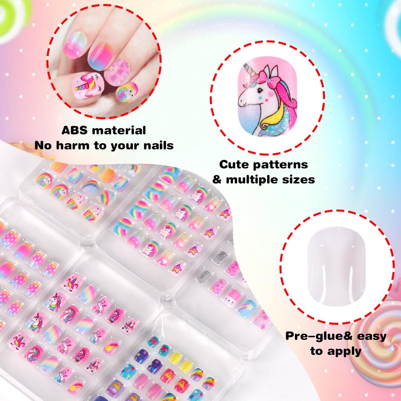 SIUSIO 6 Pack Press on Nails kids Children Acrylic Fake Nails Cute Pre-glue Full Cover Gradient Color Rainbow Short Stick On False Nail Art Kits Set for Kids Little Girls - Rainbow Dream - Image 3